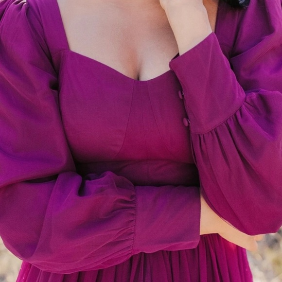 Ivy City Co Florence Dress Plum XL Puff Sleeve Smocked Purple Maxi Midi Tulle - Picture 4 of 16